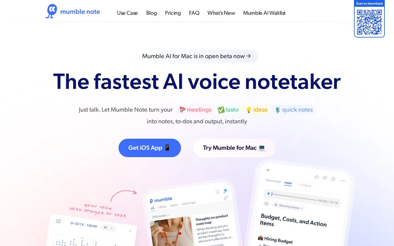 Screenshot of the Mumble Note homepage