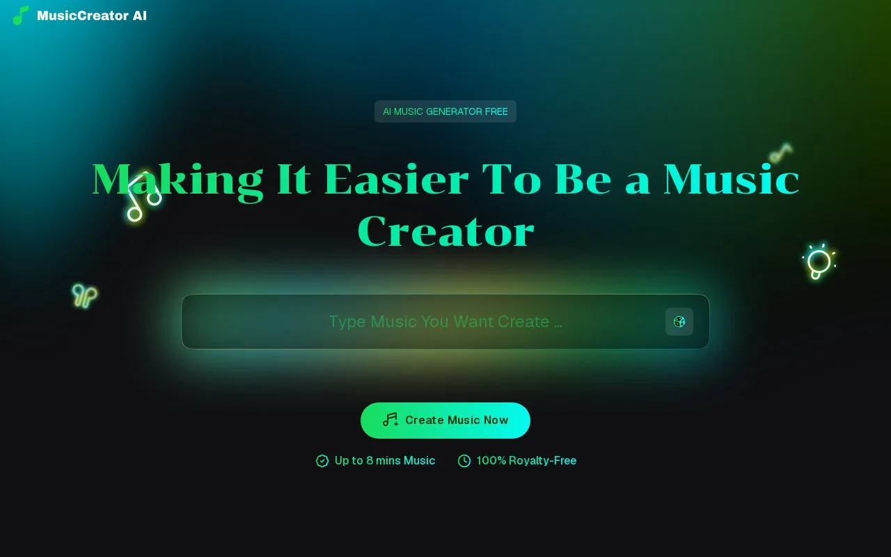 Screenshot of the MusicCreator AI homepage