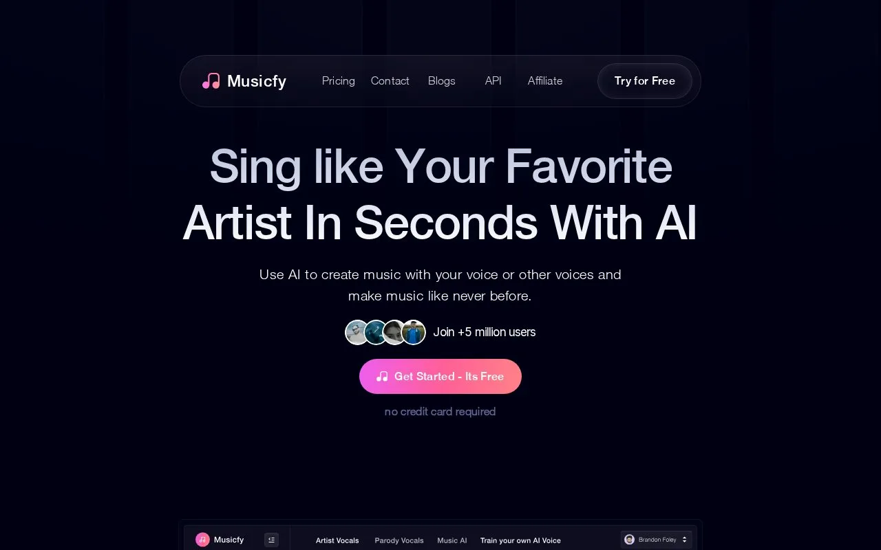 Screenshot of the Musicfy homepage