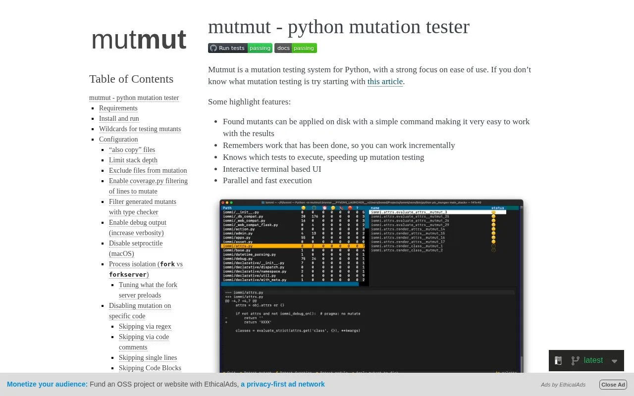 Screenshot of the mutmut homepage