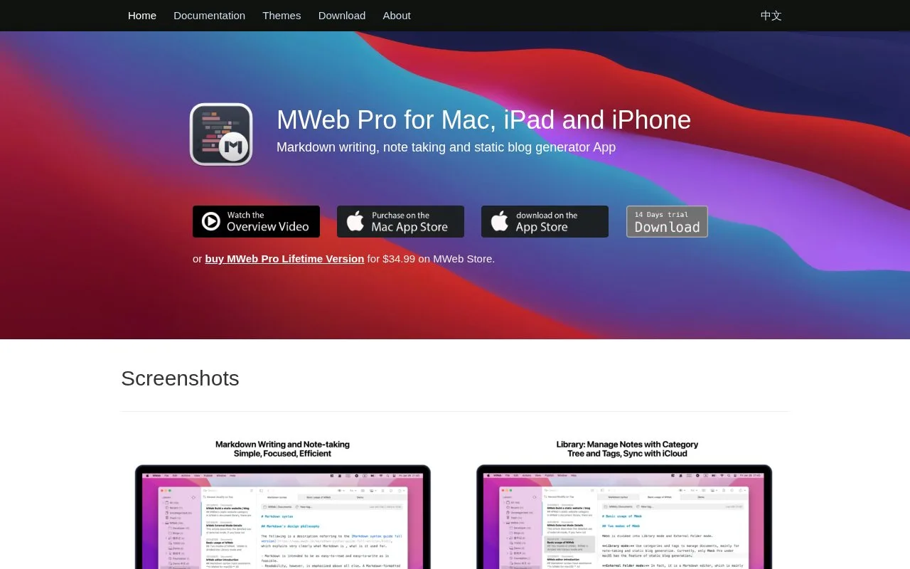 Screenshot of the MWeb homepage