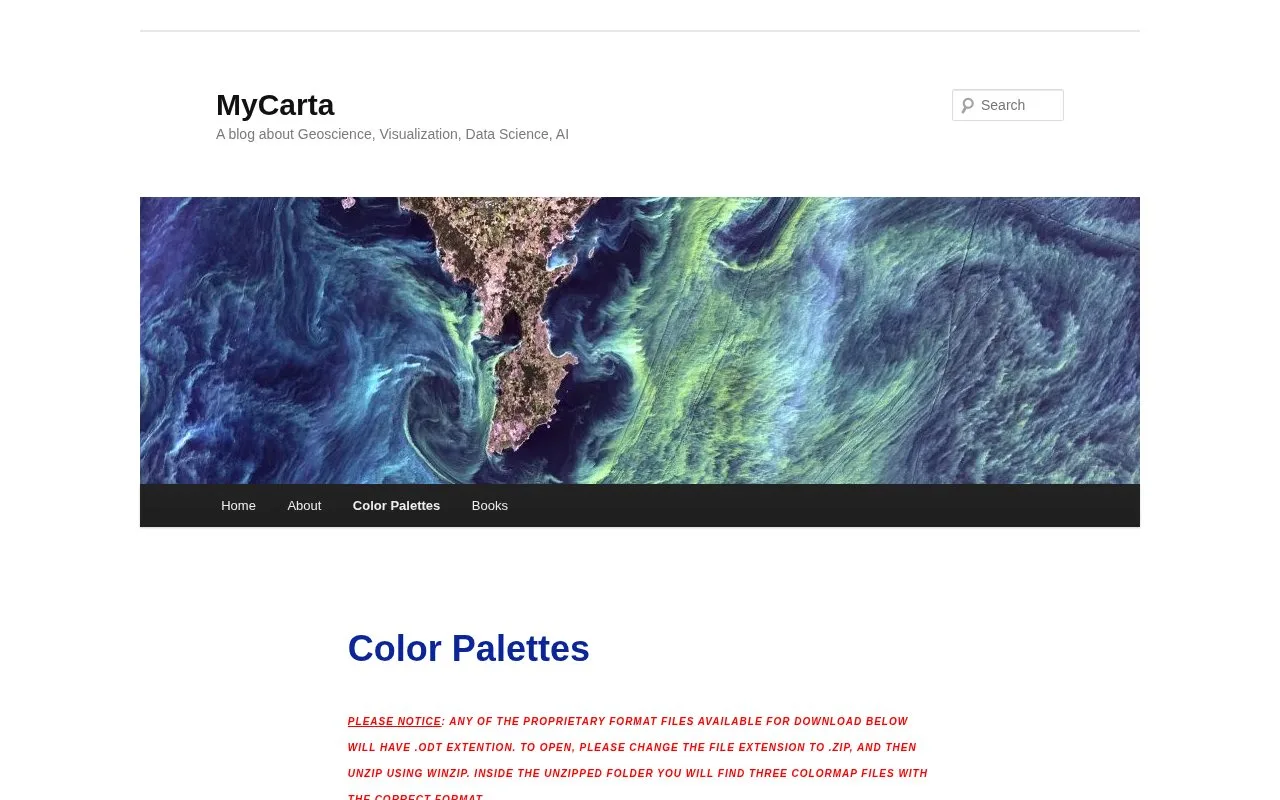 Screenshot of the MyCarta Colour Palettes homepage