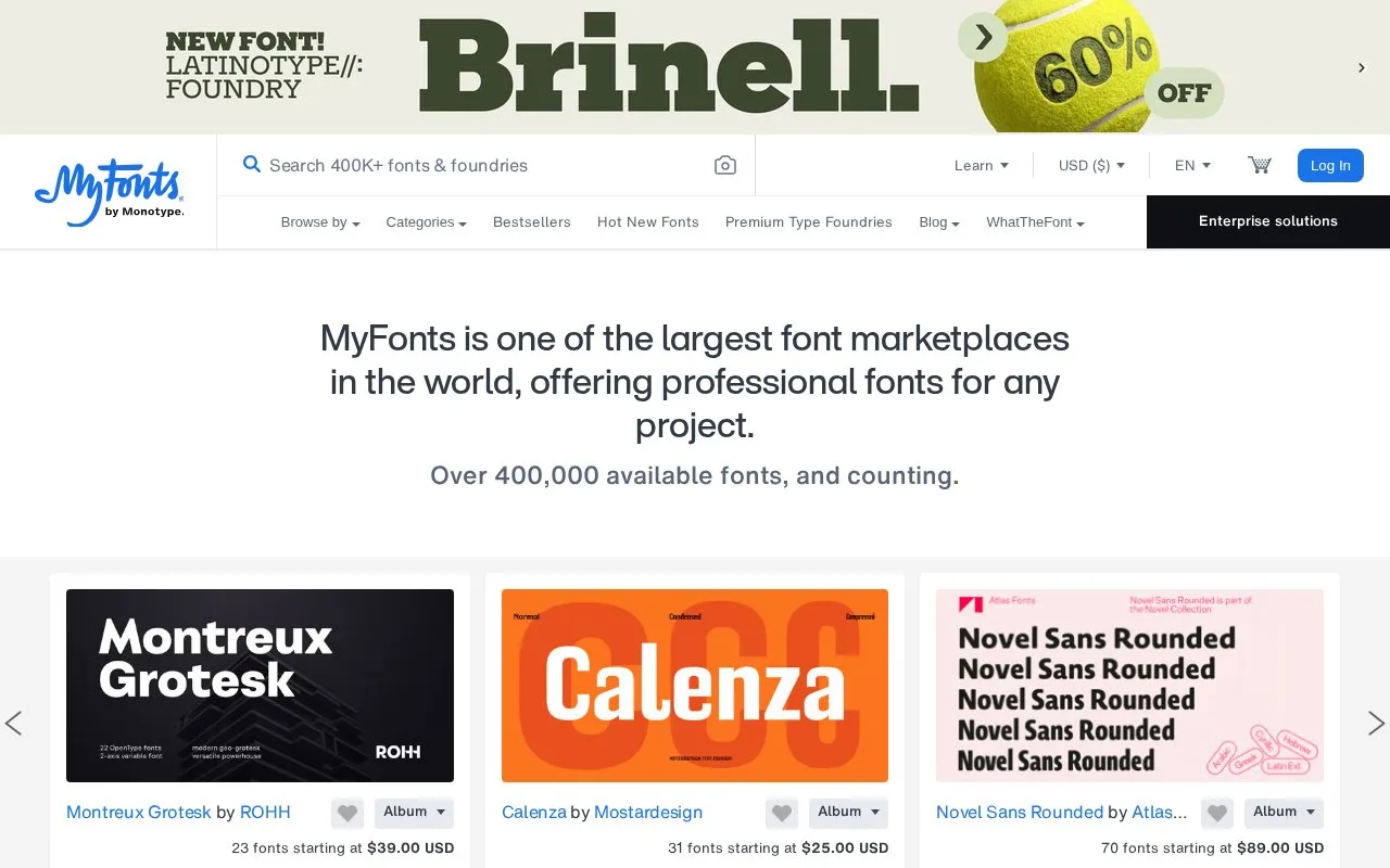 Screenshot of the MyFonts homepage