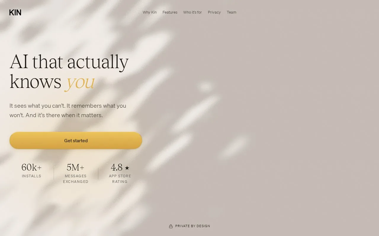 Screenshot of the Kin homepage