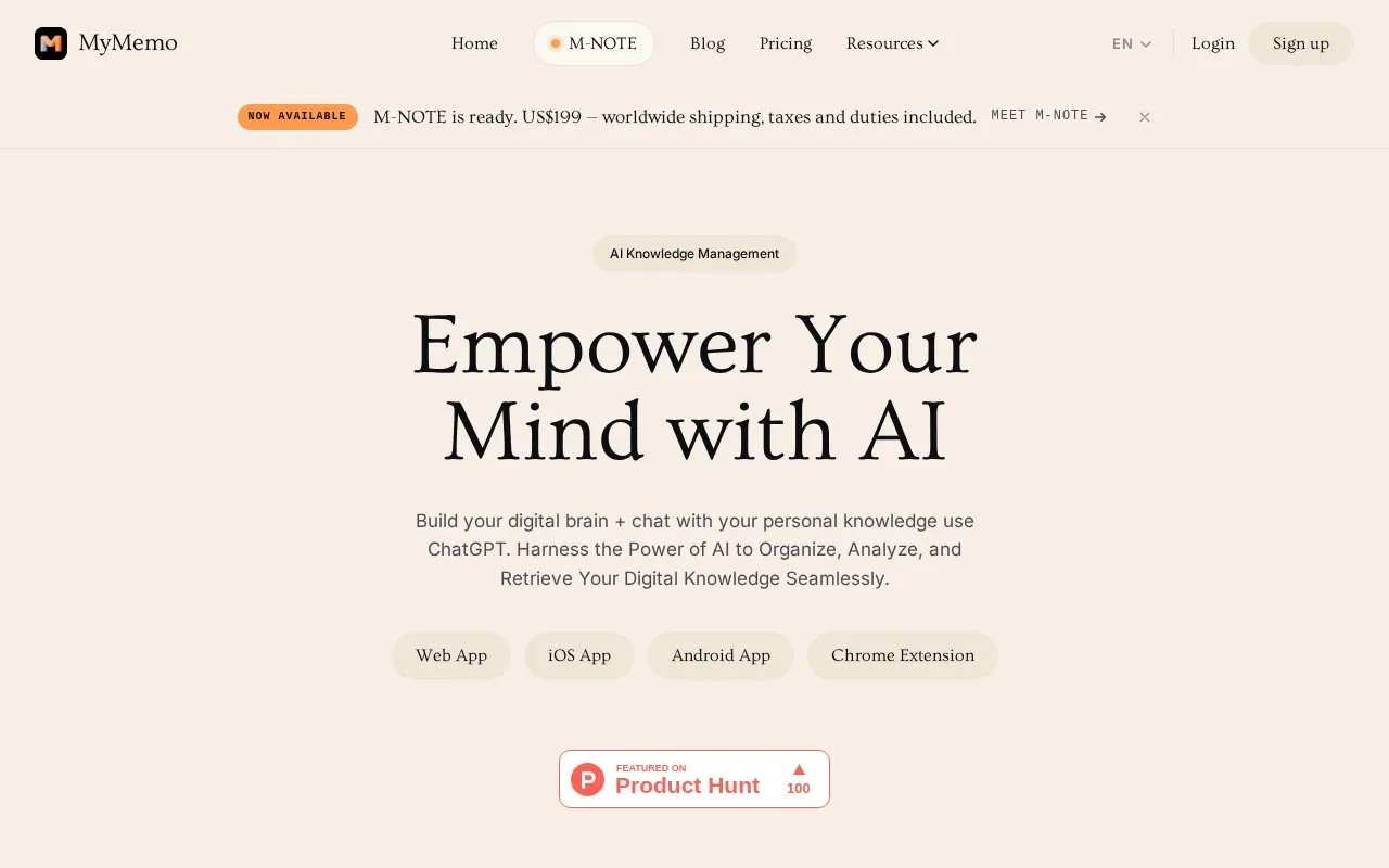 Screenshot of the MyMemo homepage
