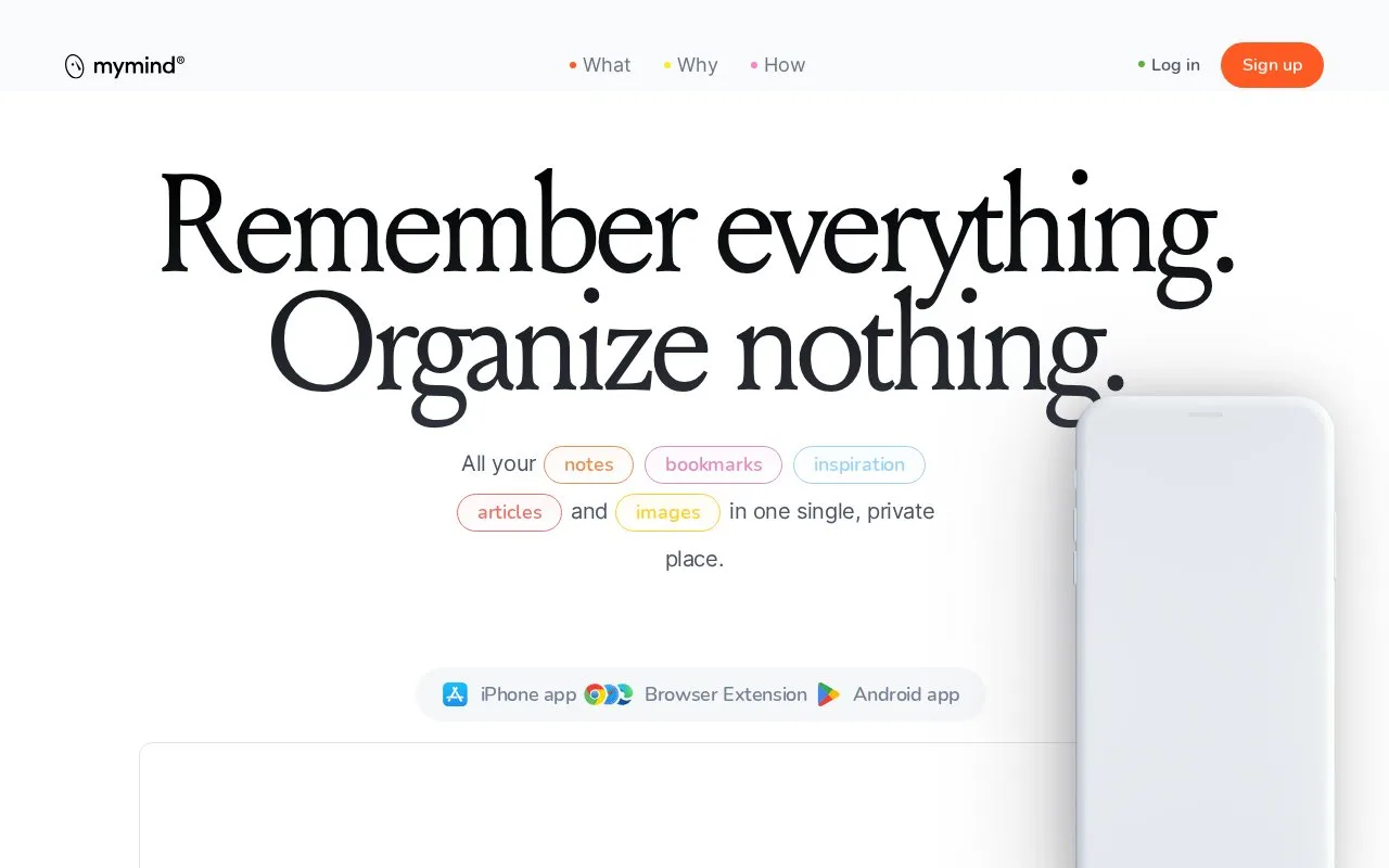 Screenshot of the mymind homepage