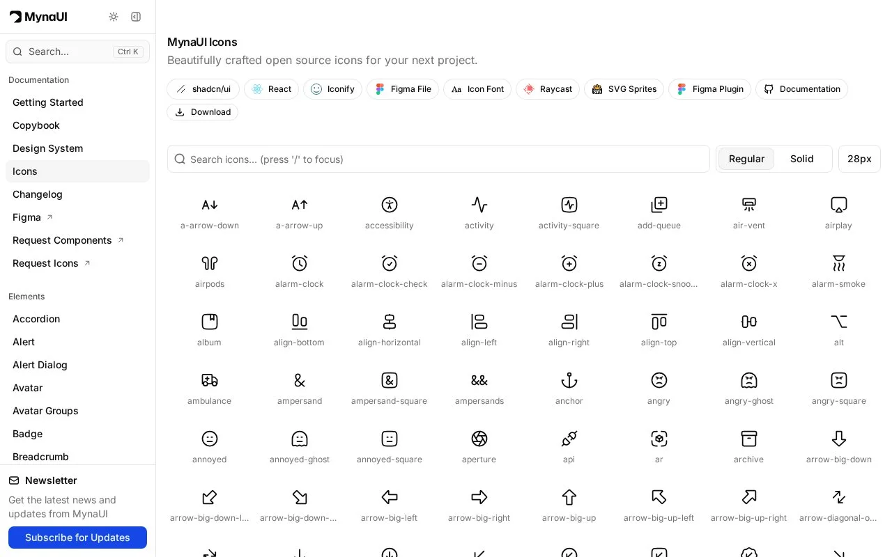 Screenshot of the MynaUI Icons homepage