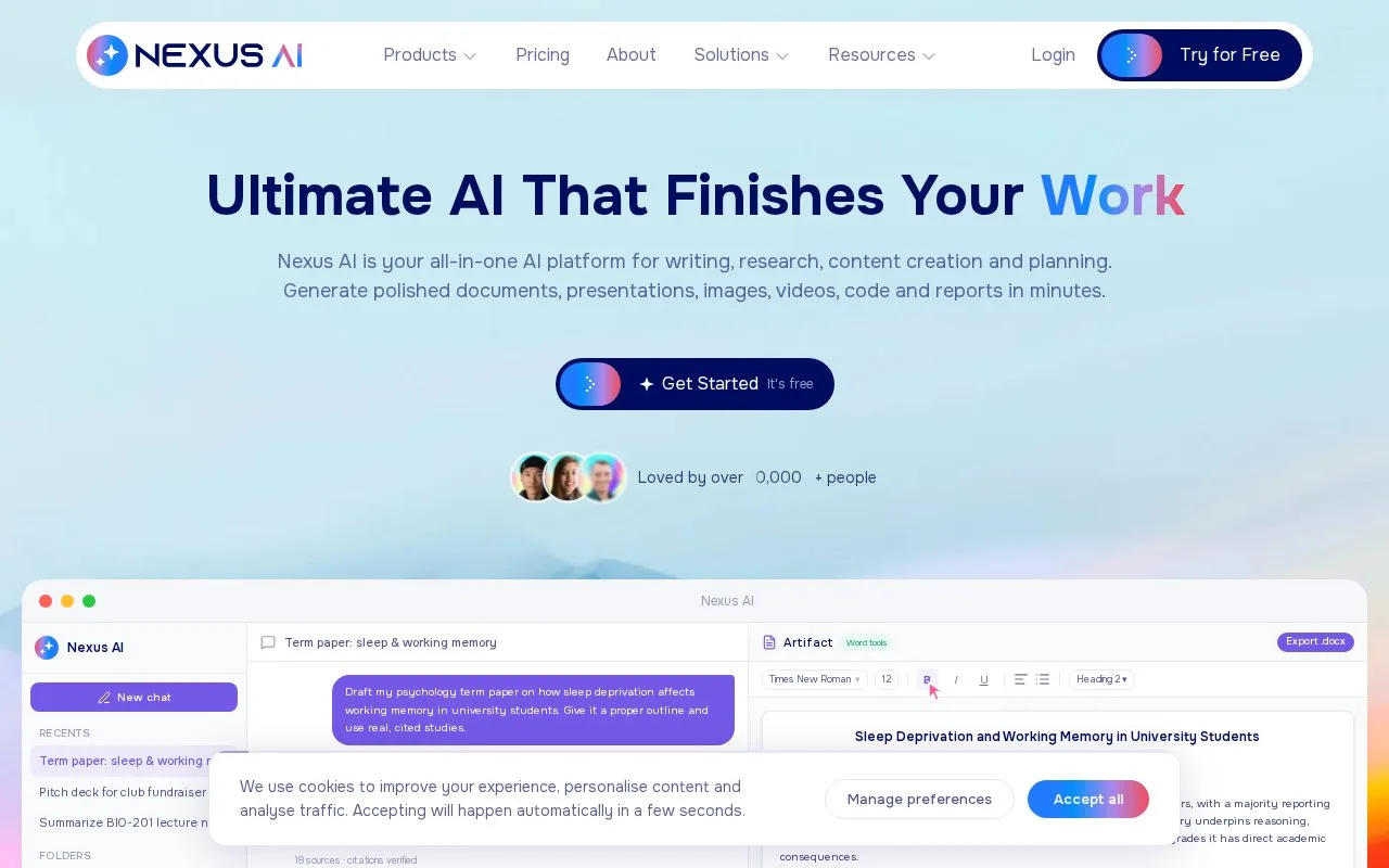 Screenshot of the Nexus AI homepage