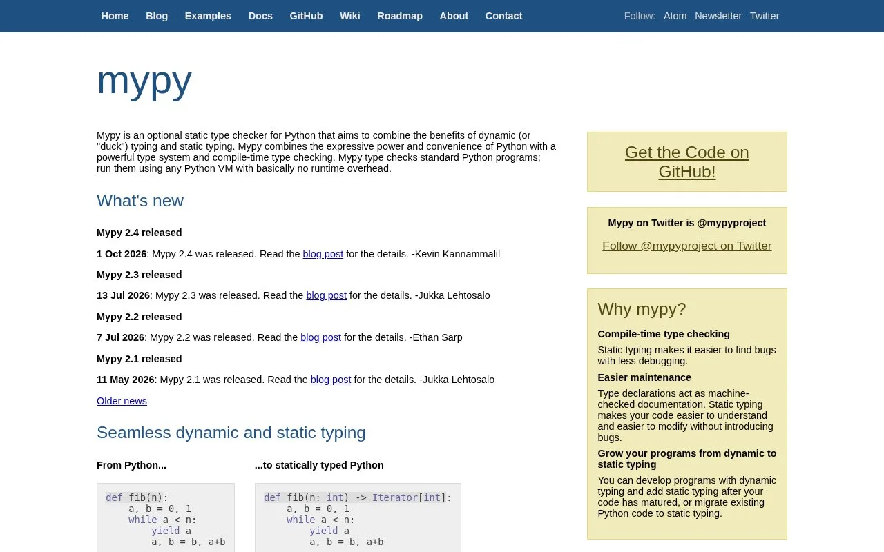 Screenshot of the mypy homepage