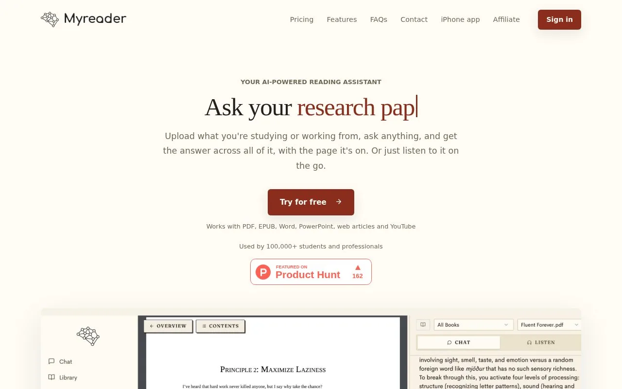 Screenshot of the Myreader homepage