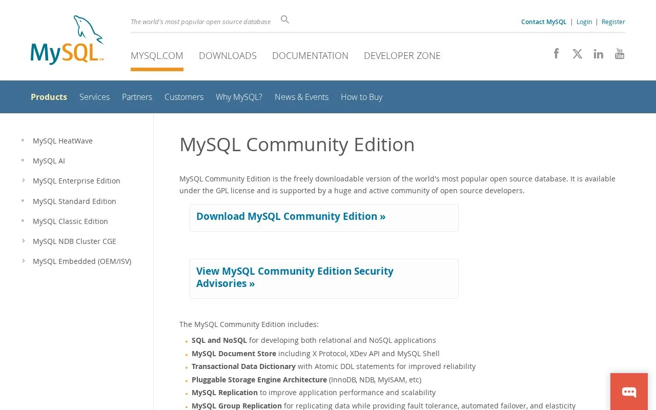 Screenshot of the MySQL Community Edition homepage