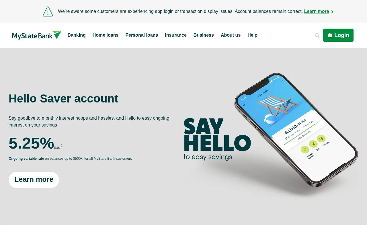 Screenshot of the MyState Bank homepage