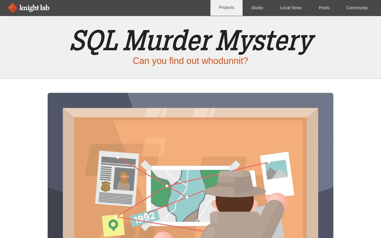 Screenshot of the SQL Murder Mystery homepage