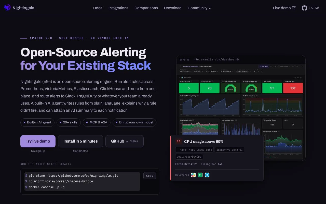 Screenshot of the Nightingale homepage