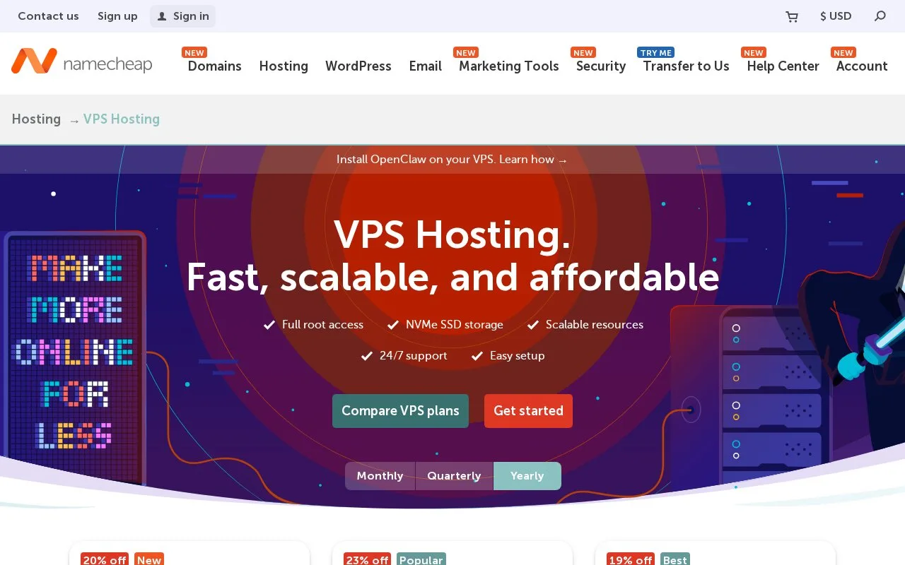 Screenshot of the Namecheap VPS Hosting homepage