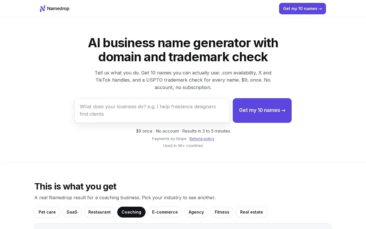 Screenshot of the Namedrop homepage