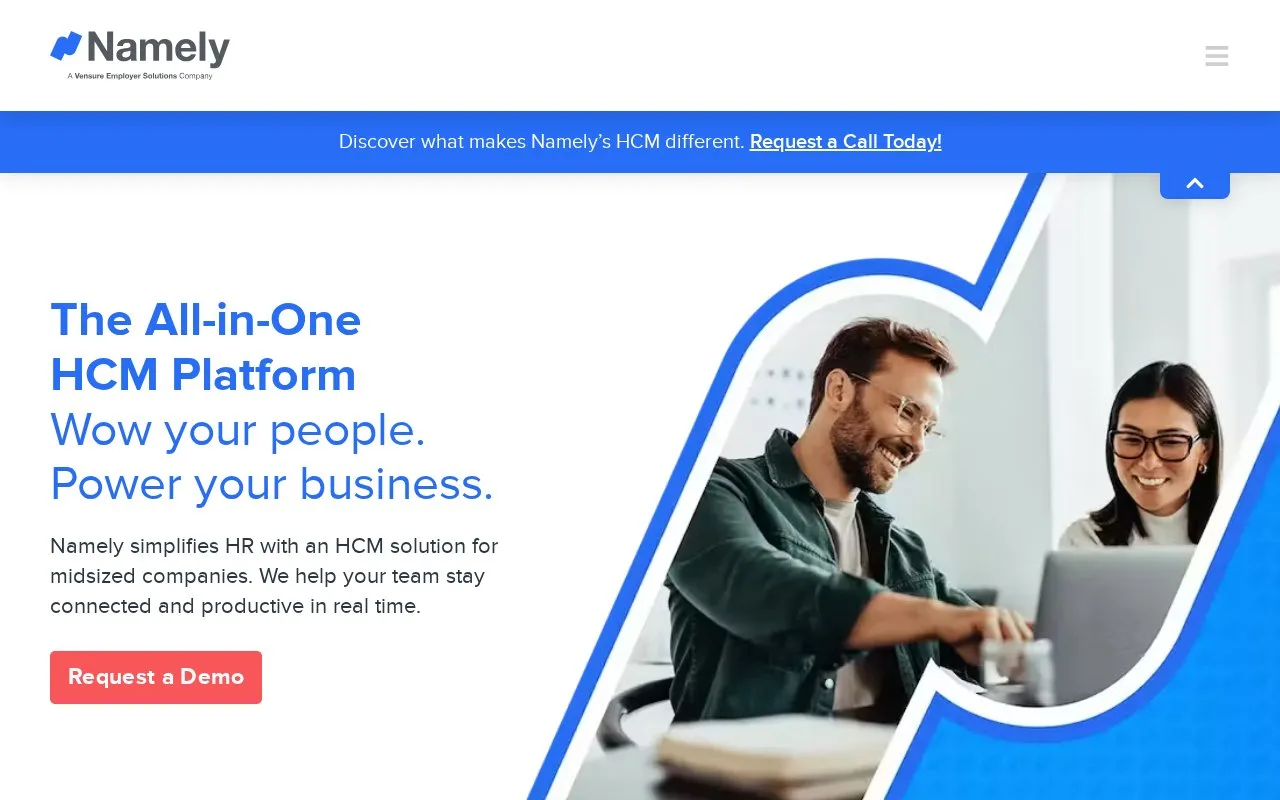 Screenshot of the Namely homepage
