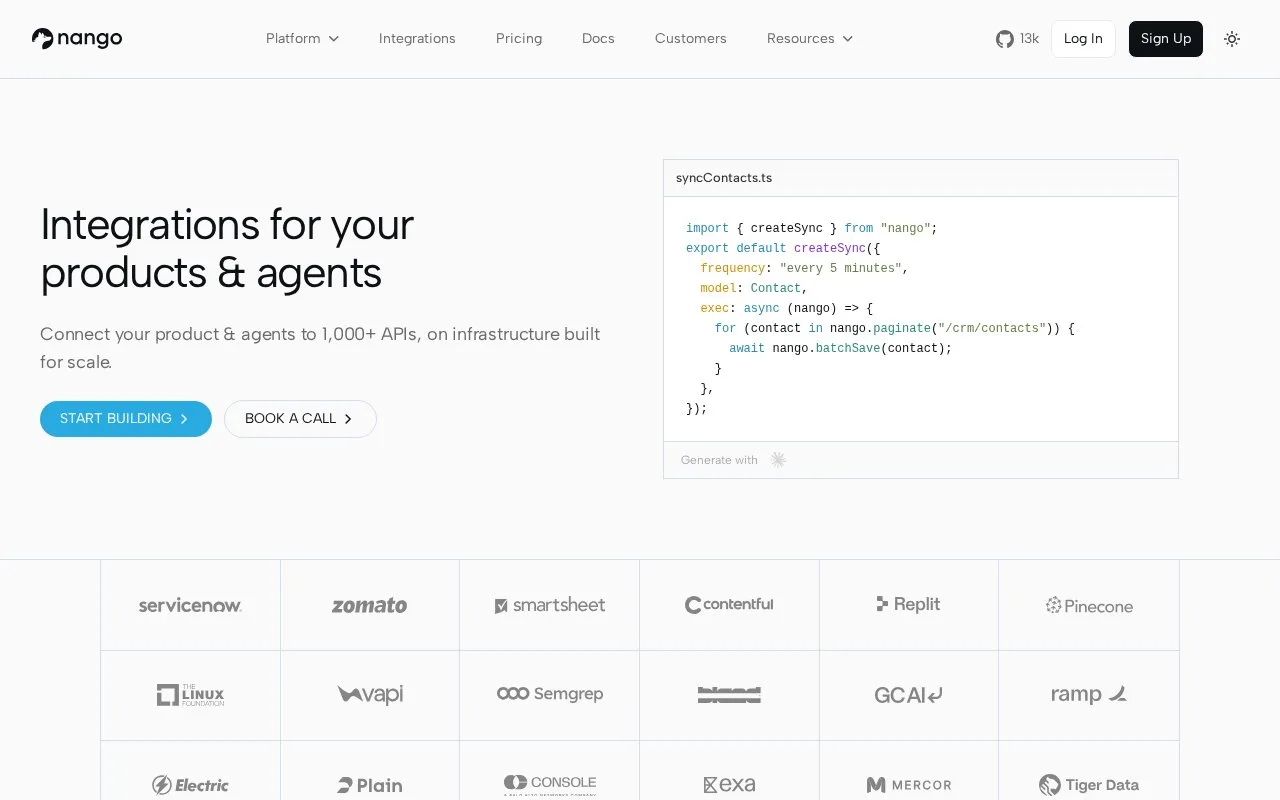 Screenshot of the Nango homepage