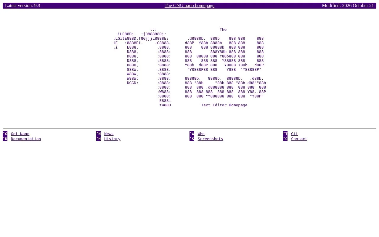 Screenshot of the GNU nano homepage