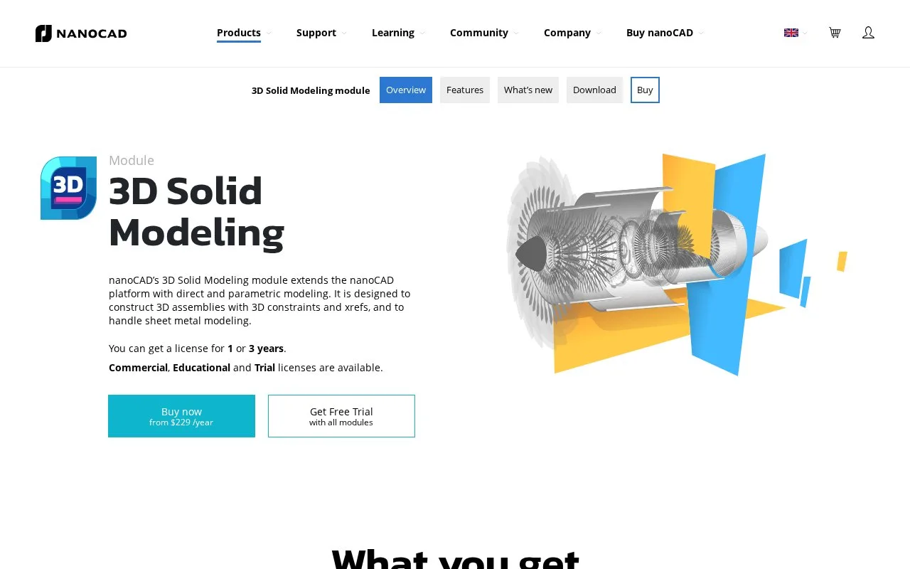Screenshot of the nanoCAD homepage