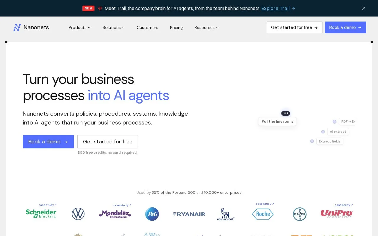 Screenshot of the Nanonets homepage