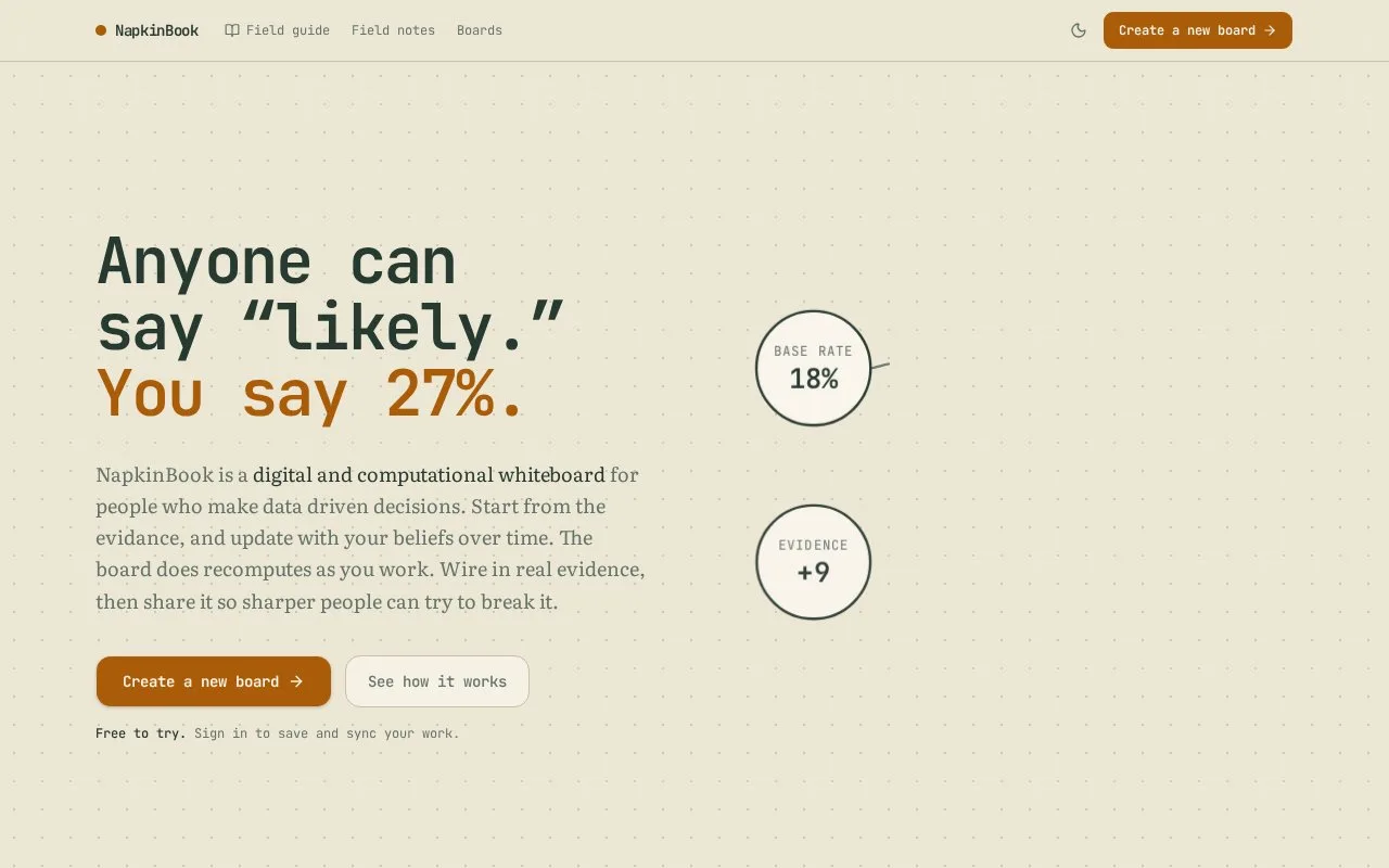Screenshot of the NapkinBook homepage
