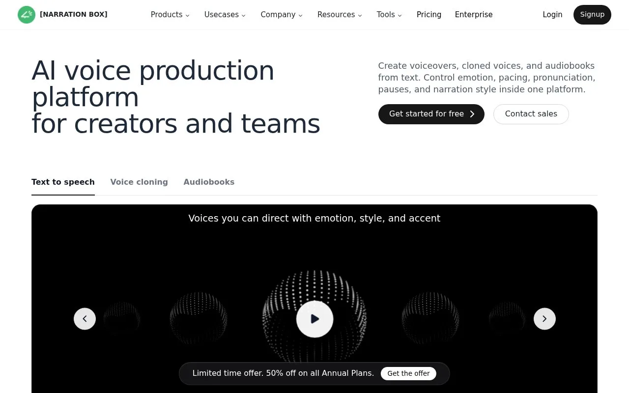 Screenshot of the Narration Box homepage