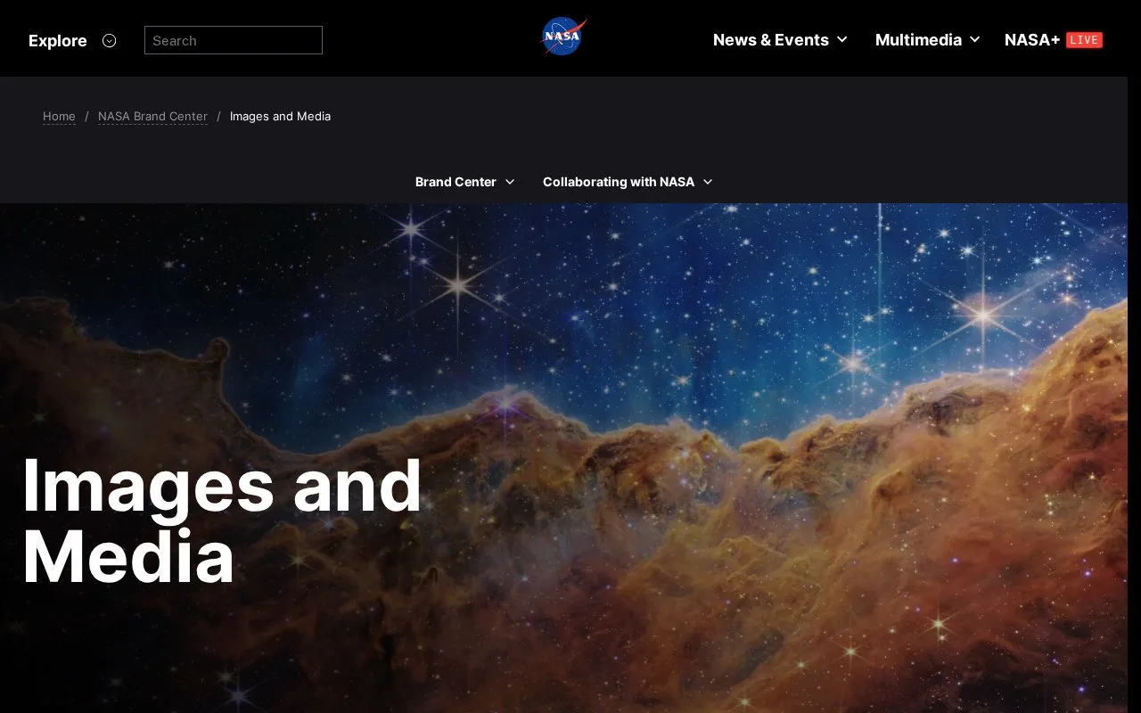Screenshot of the NASA Images and Media homepage