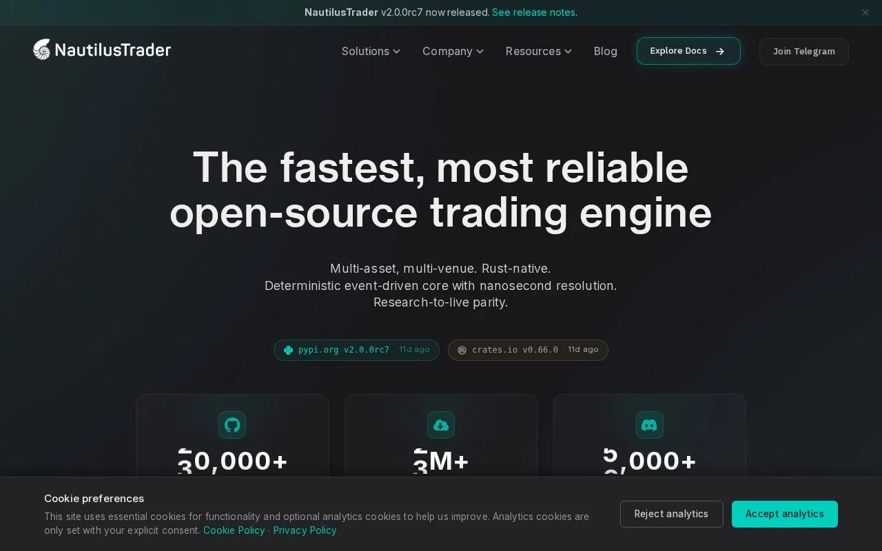 Screenshot of the NautilusTrader homepage