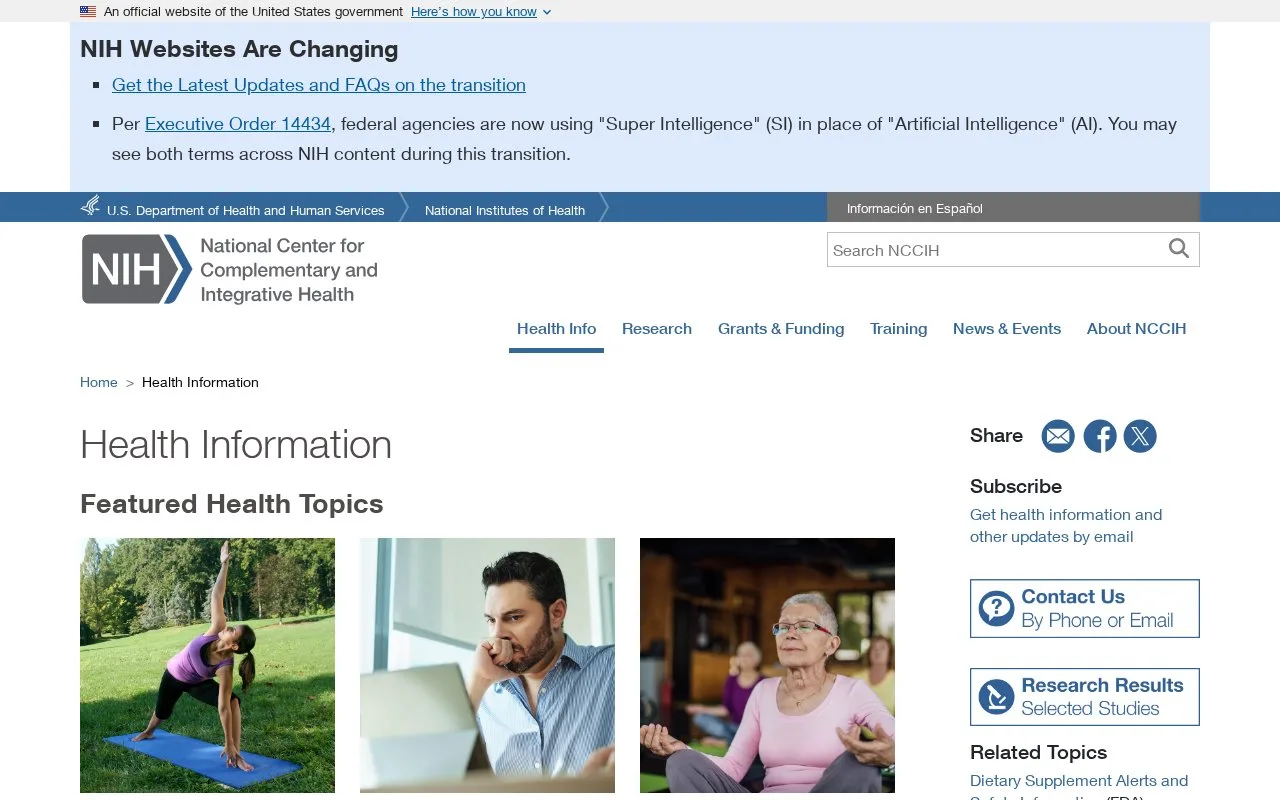 Screenshot of the NCCIH Health Information homepage
