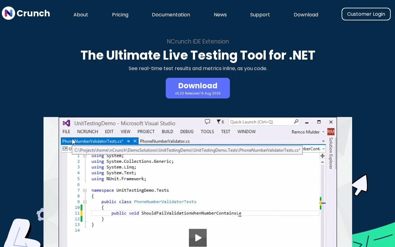 Screenshot of the NCrunch homepage