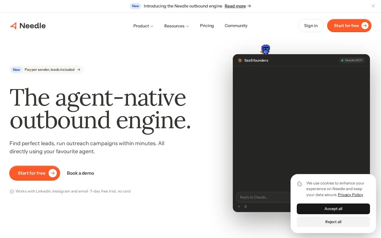 Screenshot of the Needle homepage