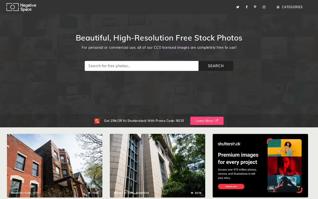 Screenshot of the NegativeSpace homepage