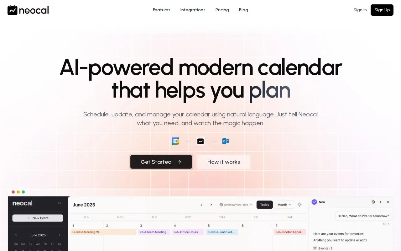 Screenshot of the Neocal homepage