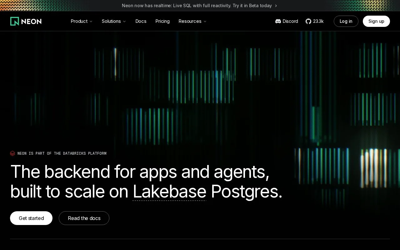 Screenshot of the Neon Postgres homepage