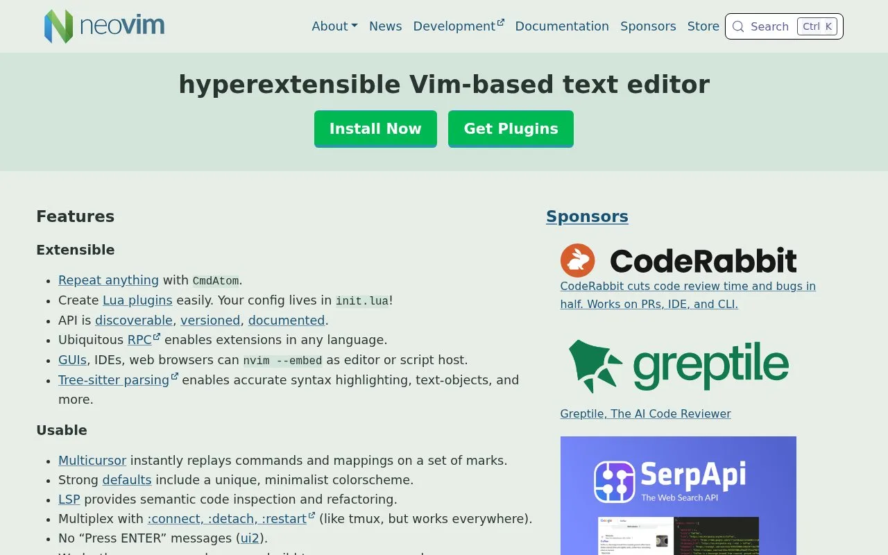 Screenshot of the Neovim homepage