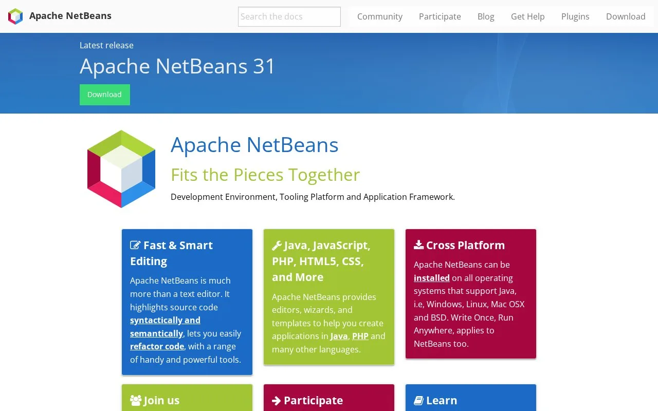 Screenshot of the Apache NetBeans homepage