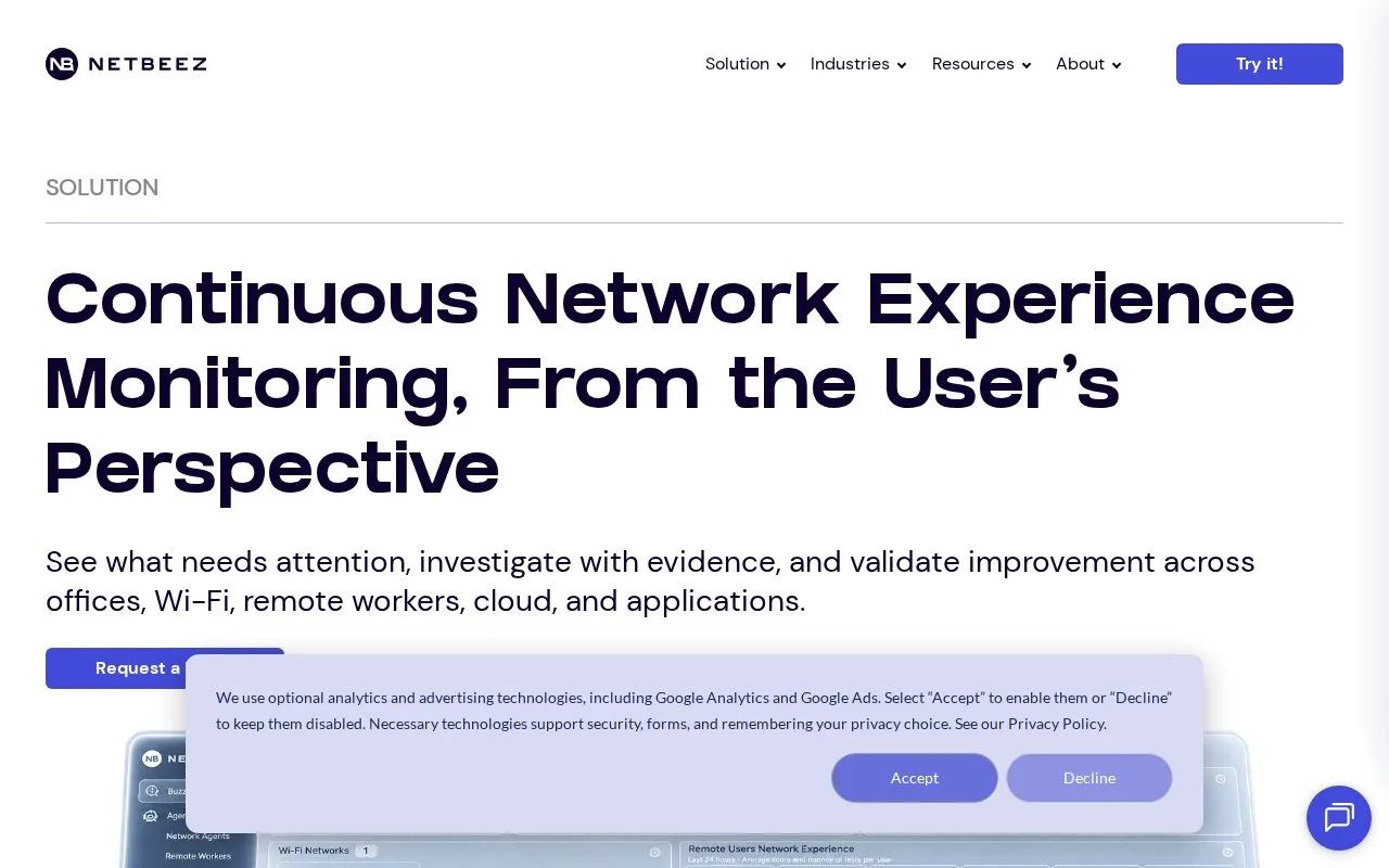 Screenshot of the NetBeez homepage