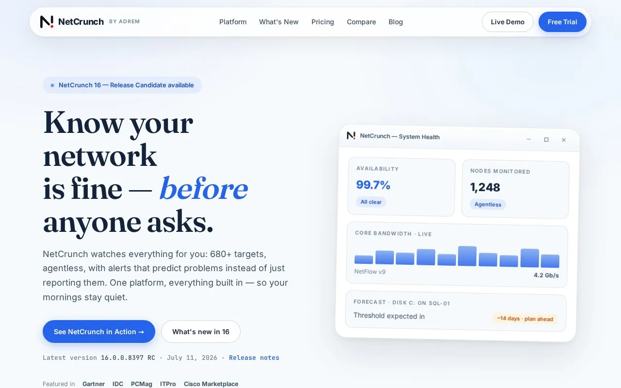 Screenshot of the NetCrunch homepage