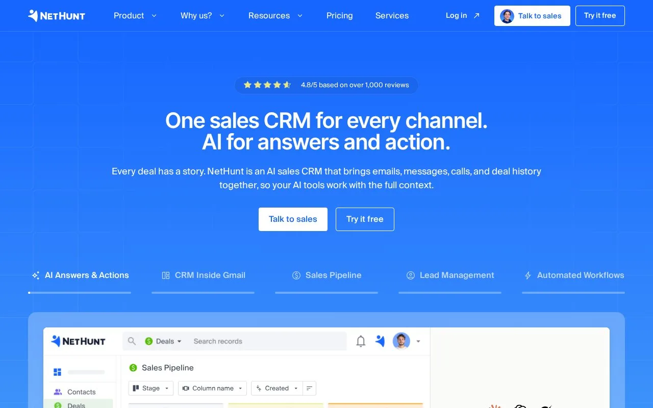Screenshot of the NetHunt CRM homepage