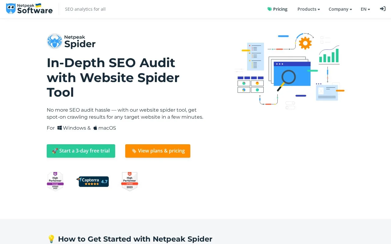 Screenshot of the Netpeak Spider homepage