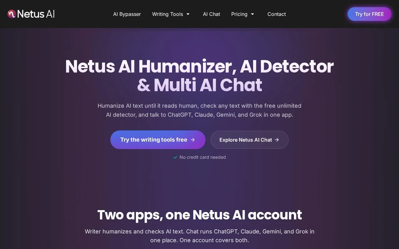 Screenshot of the Netus AI homepage