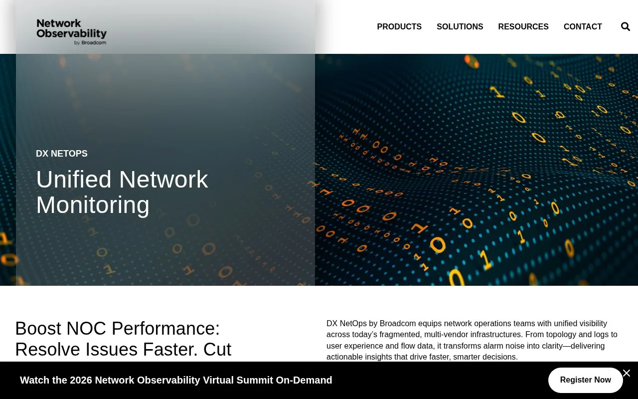 Screenshot of the Broadcom DX NetOps homepage