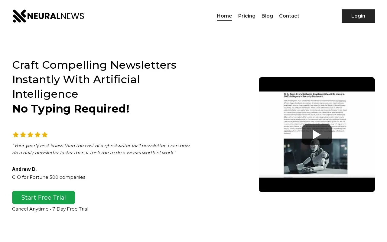 Screenshot of the Neural Newsletters homepage