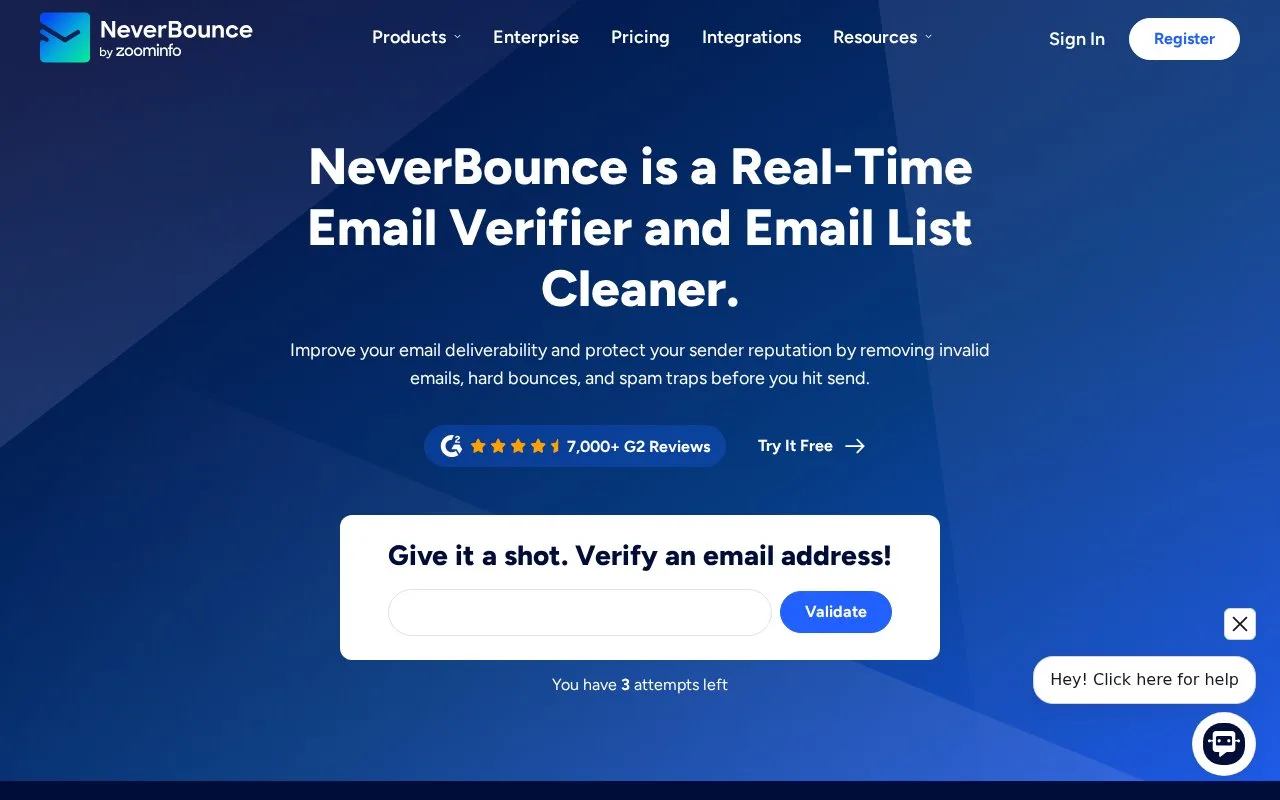 Screenshot of the NeverBounce homepage
