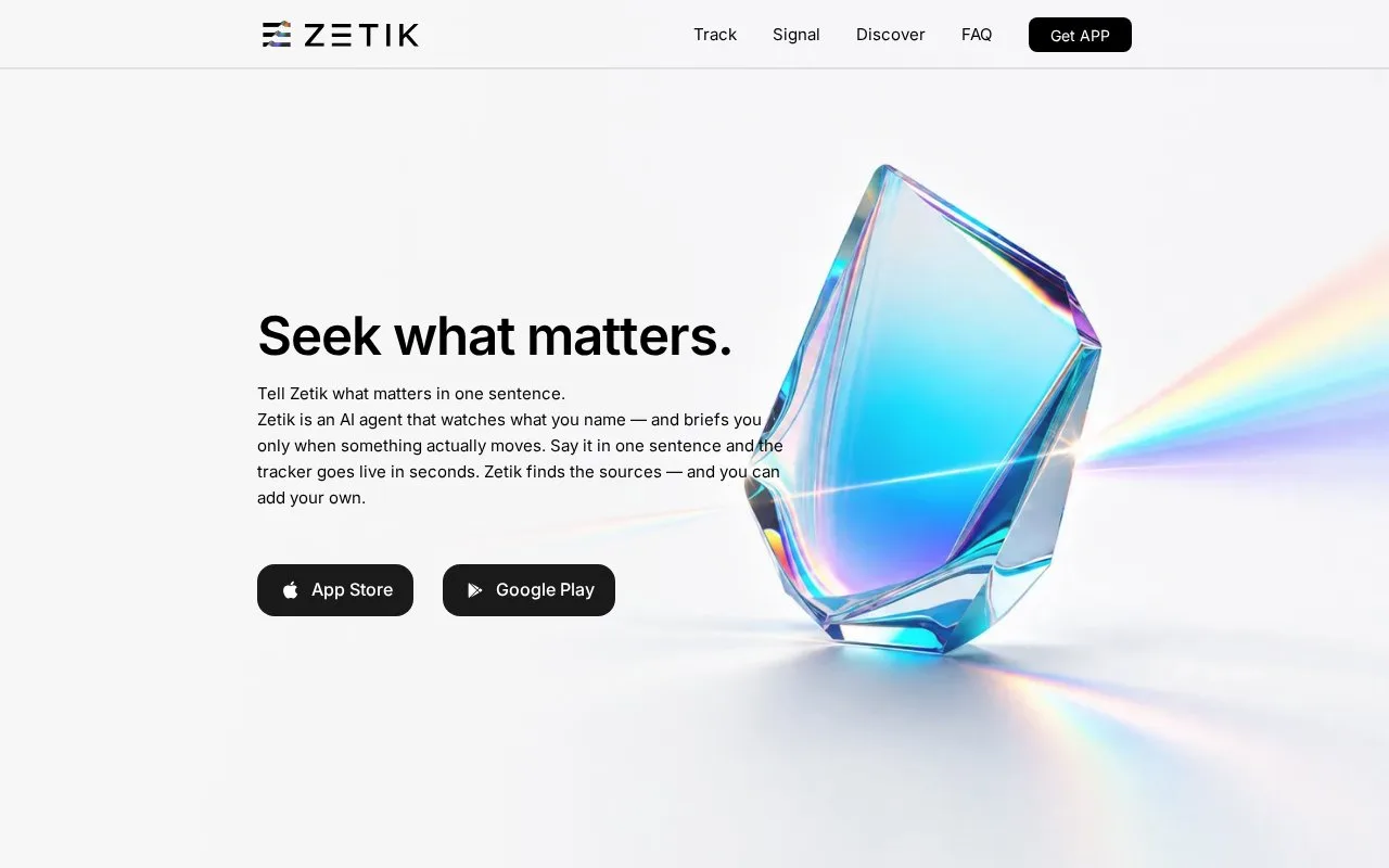 Screenshot of the Zetik homepage