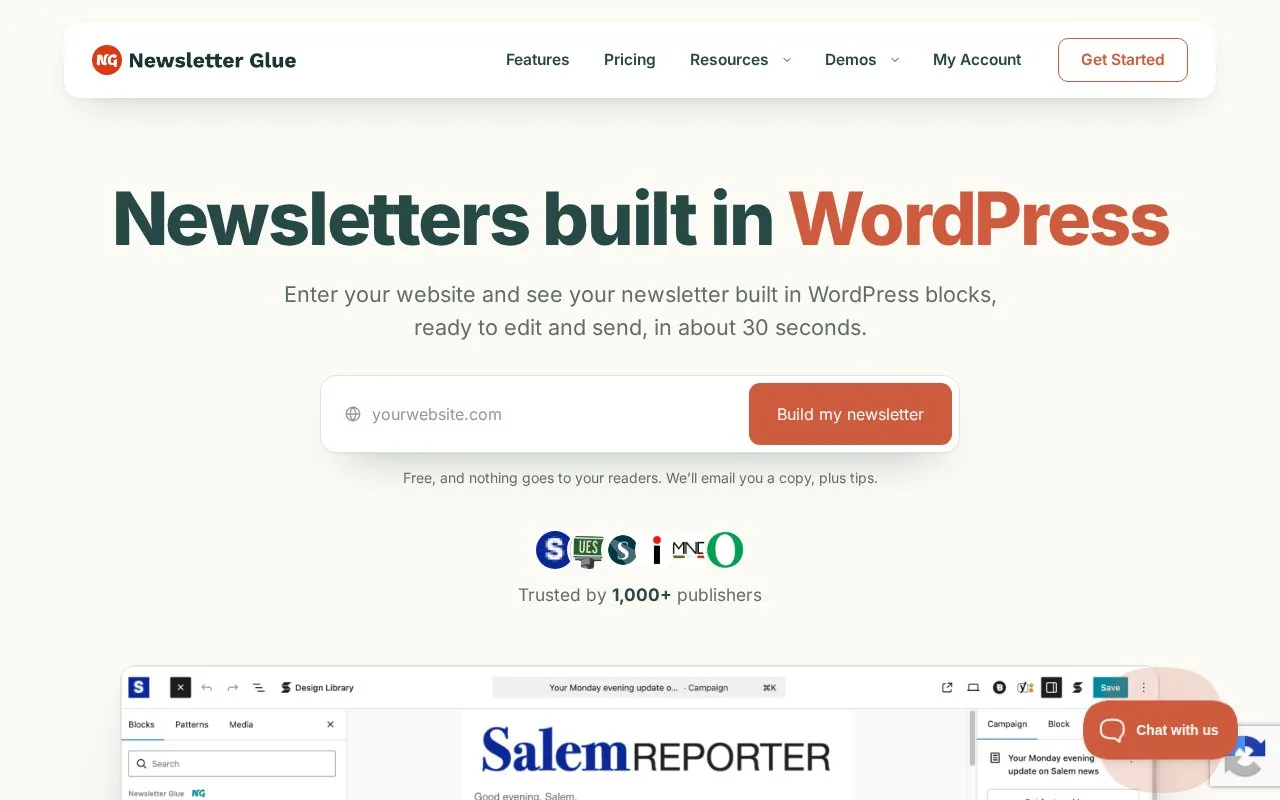 Screenshot of the Newsletter Glue homepage