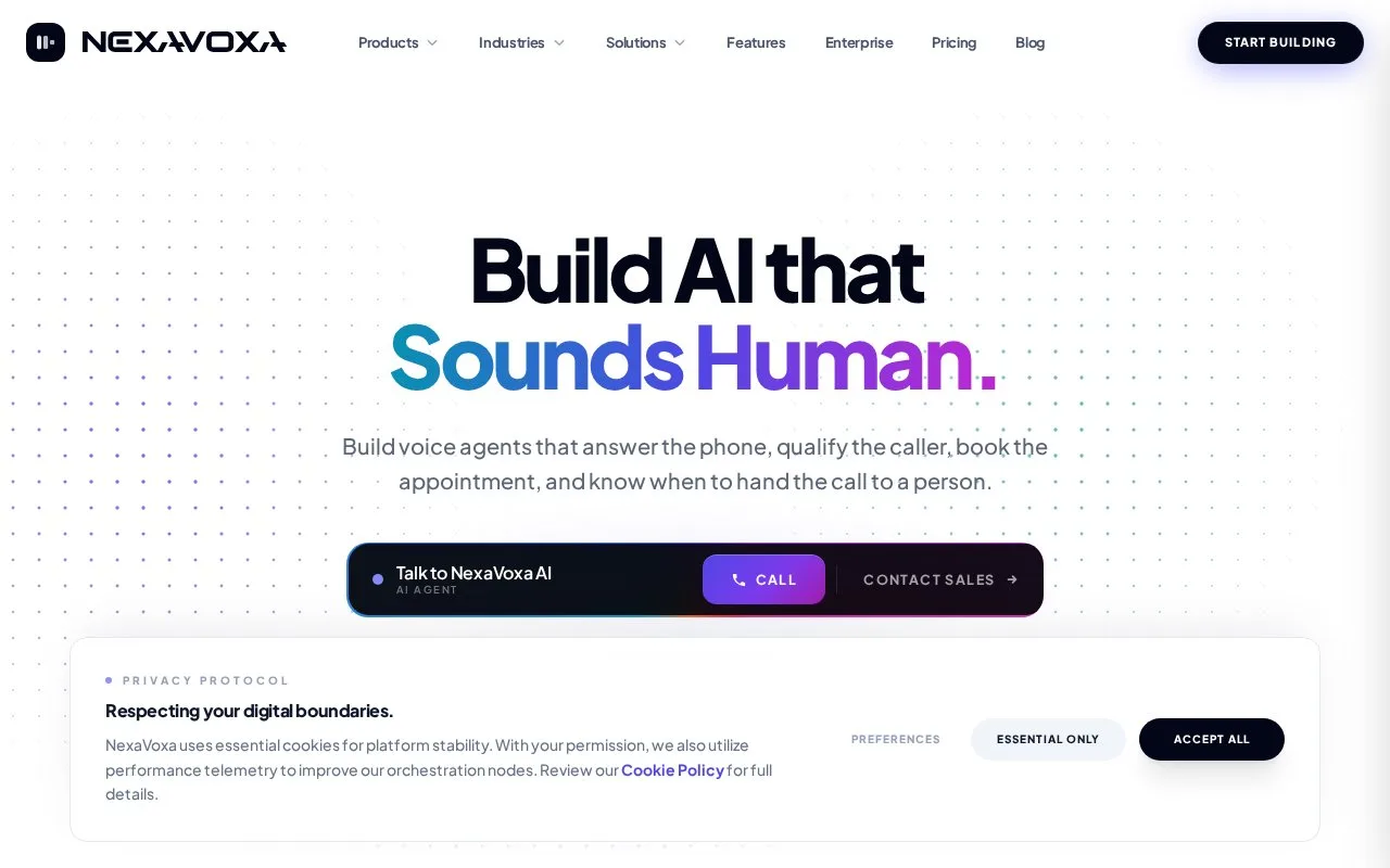 Screenshot of the NexaVoxa homepage