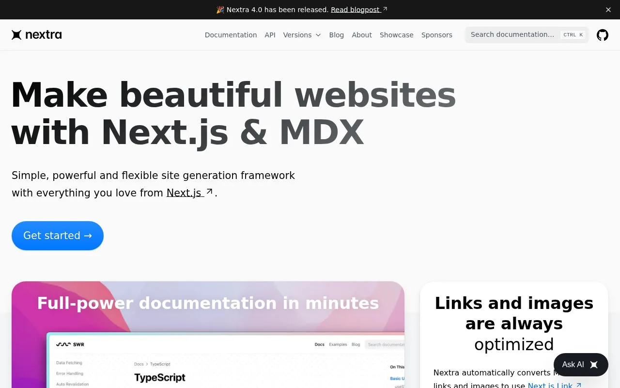 Screenshot of the Nextra homepage