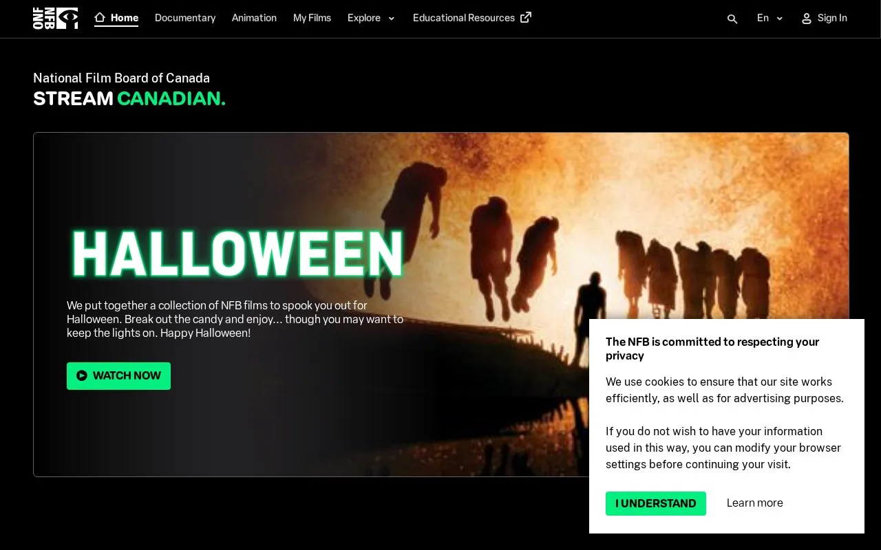 Screenshot of the NFB homepage
